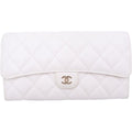 Chanel Quilted Classic Long Flap Wallet Caviar Leather Gold Bifold White