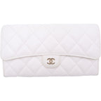 Chanel Quilted Classic Long Flap Wallet Caviar Leather Gold Bifold White