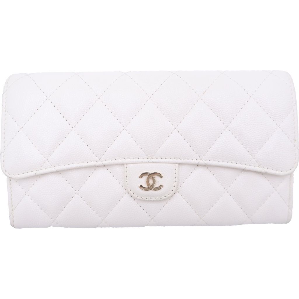 Chanel Quilted Classic Long Flap Wallet Caviar Leather Gold Bifold White