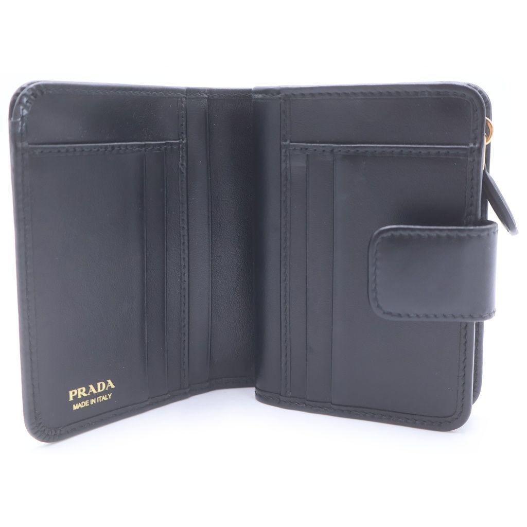 Prada Triangle Motif Trifold Wallet Compact Coin Case Black Calfskin Gold — view 4