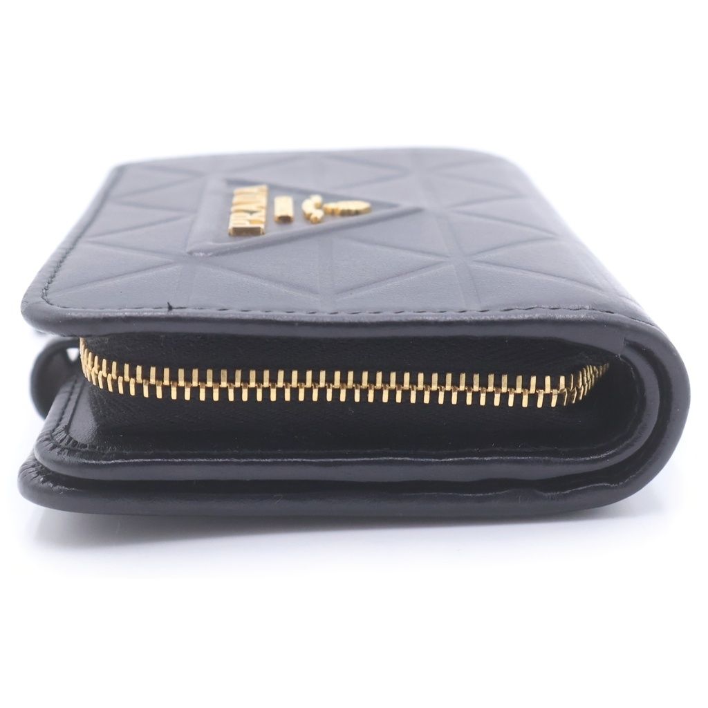 Prada Triangle Motif Trifold Wallet Compact Coin Case Black Calfskin Gold — view 3