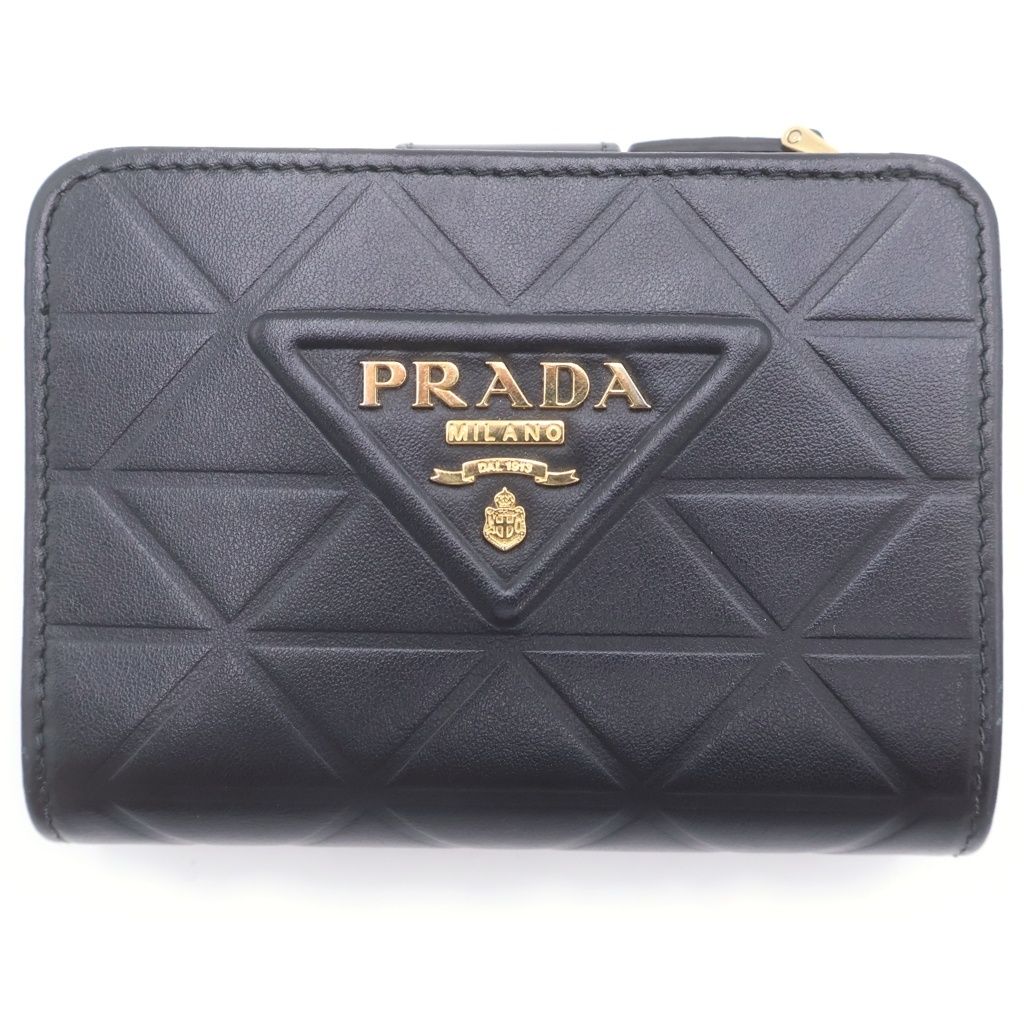 Prada Triangle Motif Trifold Wallet Compact Coin Case Black Calfskin Gold