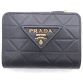 Prada Triangle Motif Trifold Wallet Compact Coin Case Black Calfskin Gold
