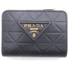 Prada Triangle Motif Trifold Wallet Compact Coin Case Black Calfskin Gold