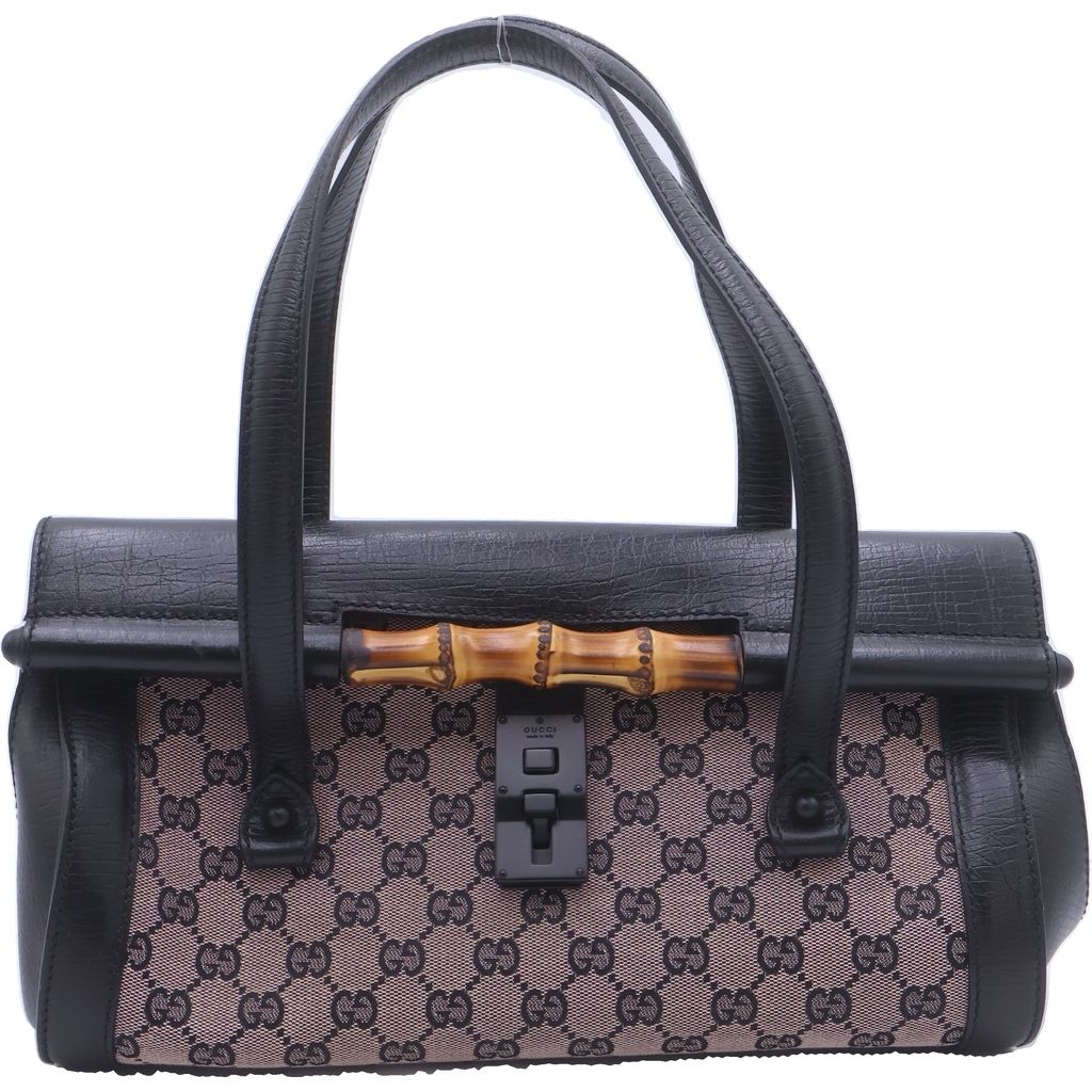 Gucci GG Canvas Bamboo Leather Handbag Black Beige