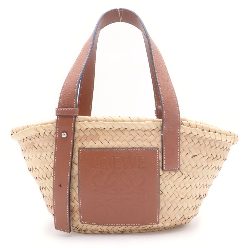 Loewe Anagram Handbag Basket Bag Brown Beige Leather Raffia Silver