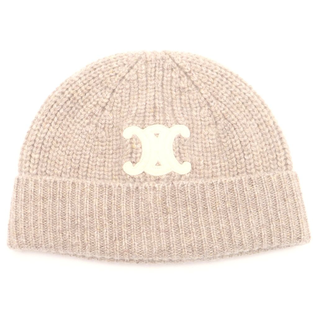 Celine Triomphe Seamless Cashmere Knit Hat Beige