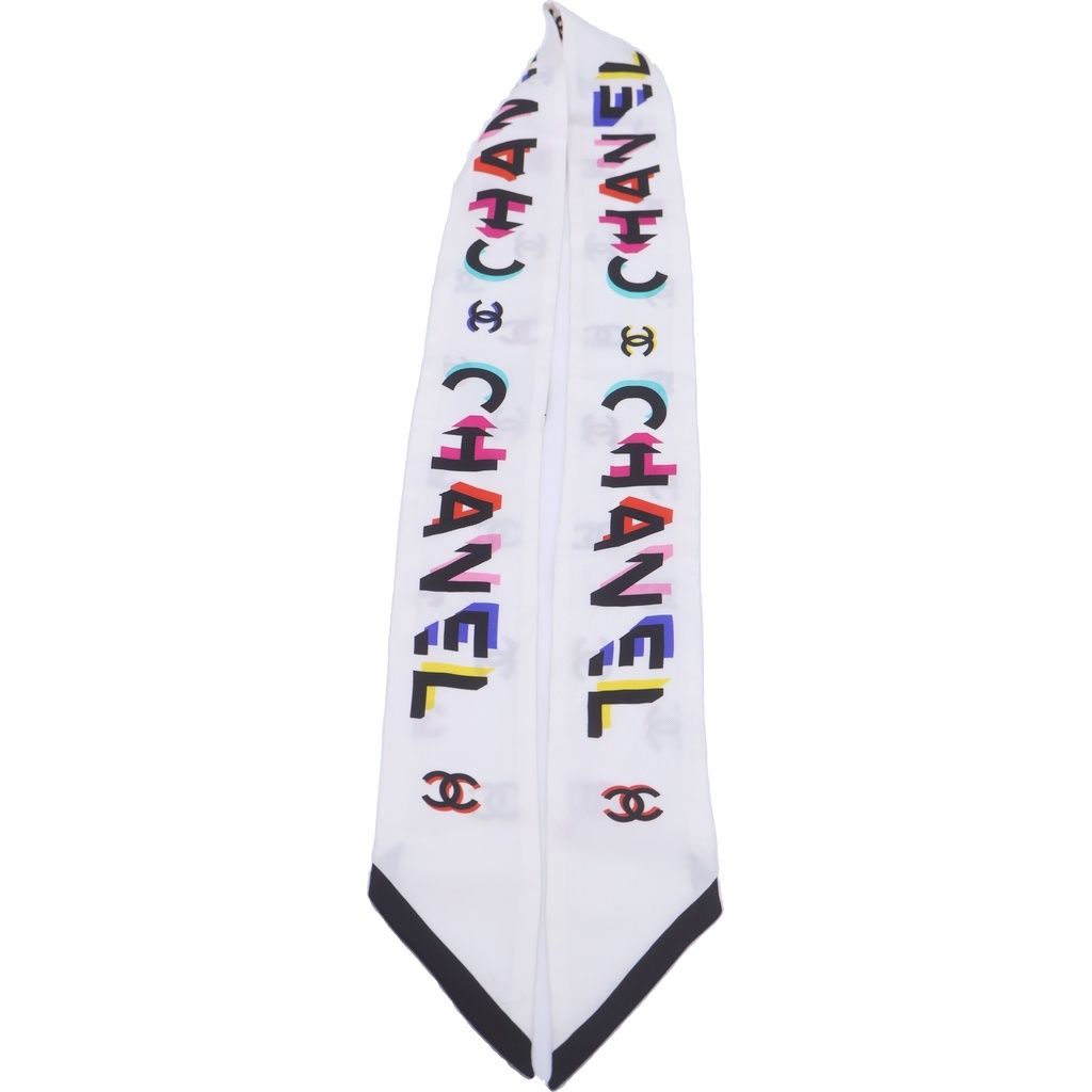 Chanel CC Logo Twilly Print Silk Scarf White — view 3