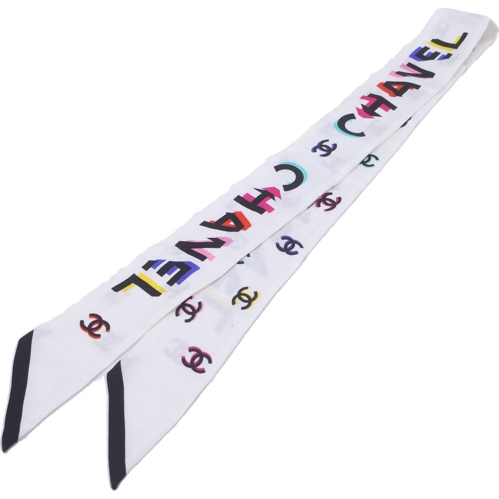Chanel CC Logo Twilly Print Silk Scarf White