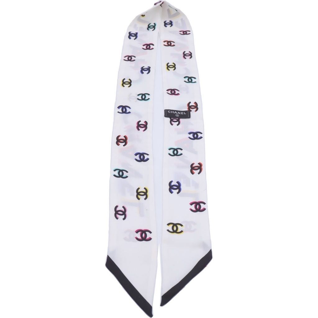 Chanel CC Logo Twilly Print Silk Scarf White — view 4