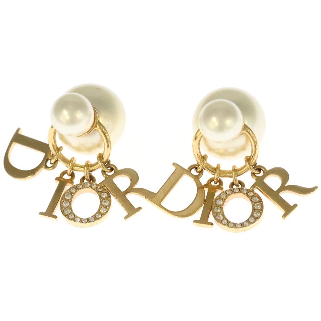 Dior Logo Tribal Earrings Faux Pearl Rhinestone Gold