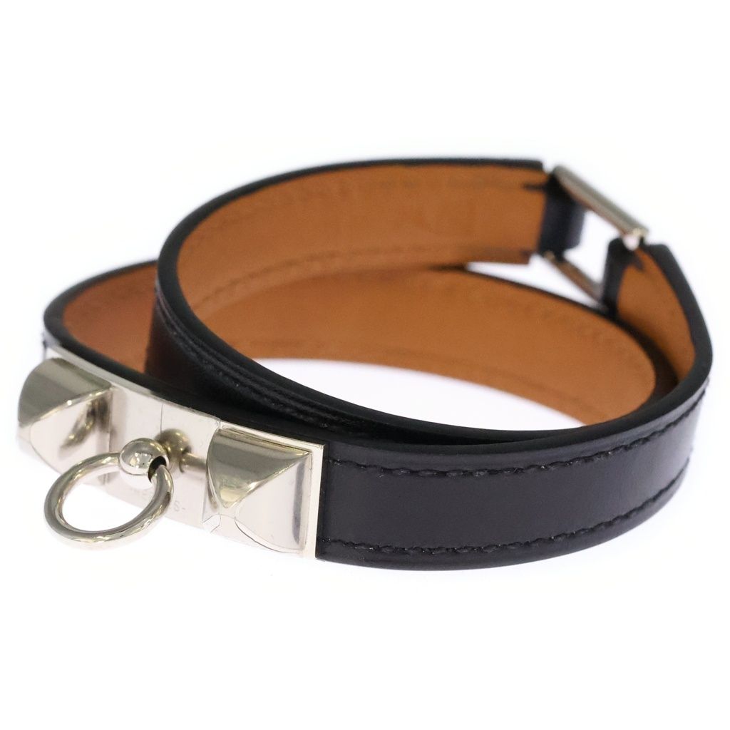 Hermes Rival Double Tour Leather Silver Studs Bracelet Bangle Black