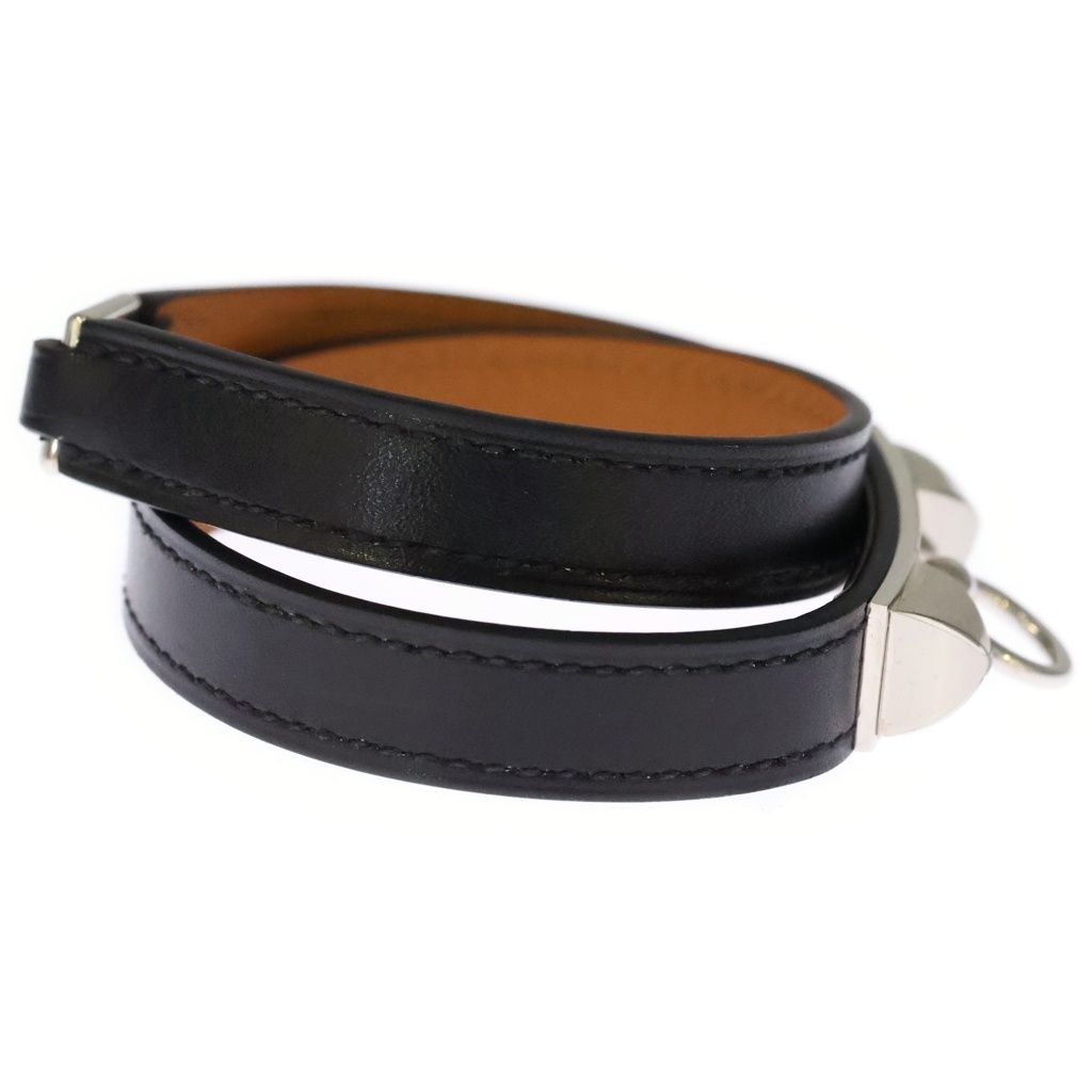 Hermes Rival Double Tour Leather Silver Studs Bracelet Bangle Black — view 3