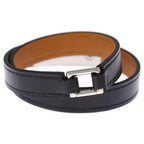 Hermes Rival Double Tour Leather Silver Studs Bracelet Bangle Black — view 2