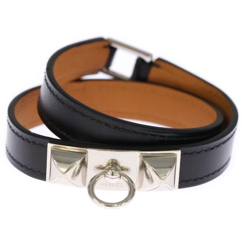 Hermes Rival Double Tour Leather Silver Studs Bracelet Bangle Black — view 4