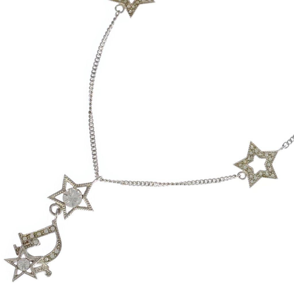 Dior CD Logo Rhinestone Star Motif Pendant Chain Silver