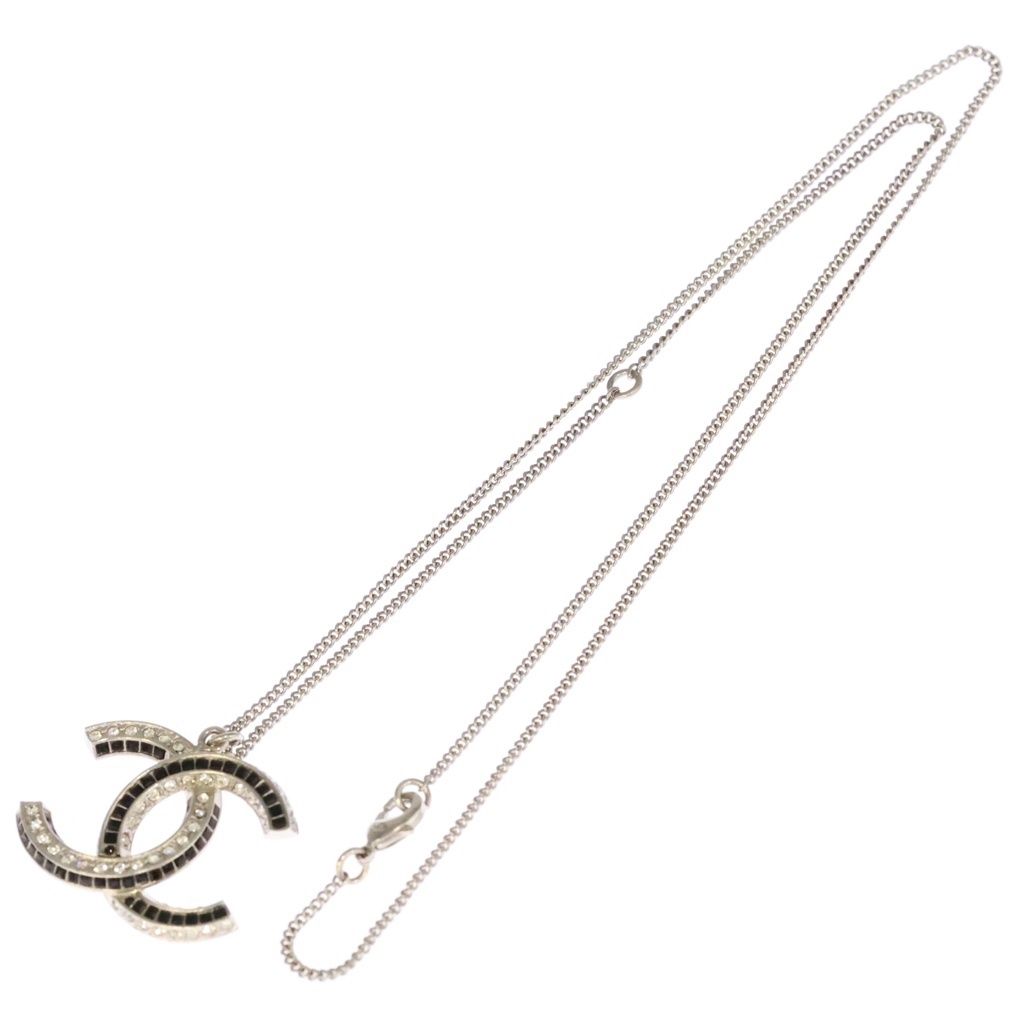 Chanel CC Logo Rhinestone Necklace Long Choker Silver Black — view 2