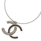 Chanel CC Logo Rhinestone Necklace Long Choker Silver Black