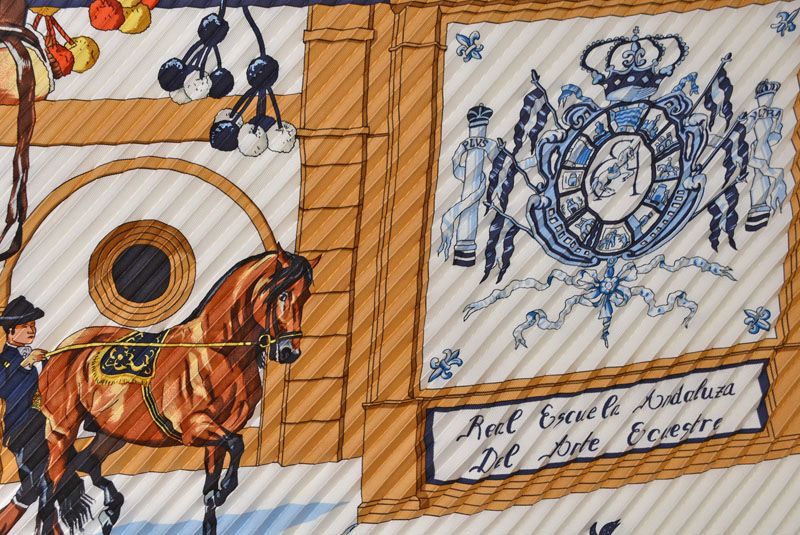 Hermes Scarf Pleated Carre Shawl Diamond Silk Twill Equestrian School Real — view 7