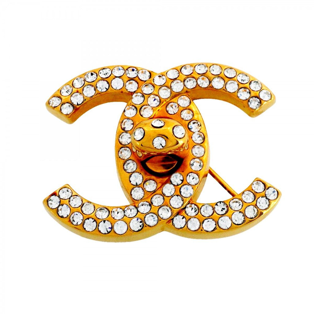 Chanel Brooch Vintage Turnlock Gold Plated Rhinestone