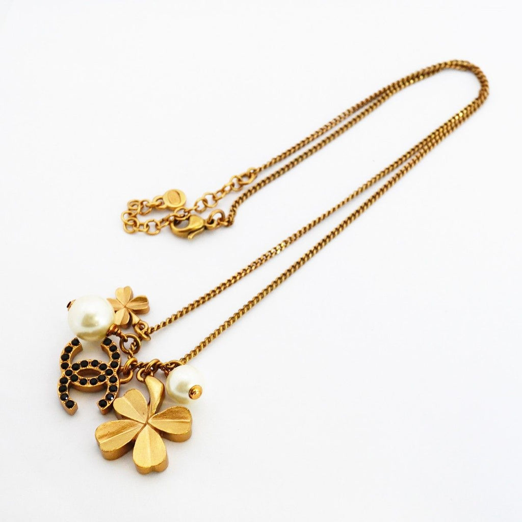 Chanel Necklace CC Logo Clover Gold Plated Faux Pearl Color Stone Black Cles — view 3