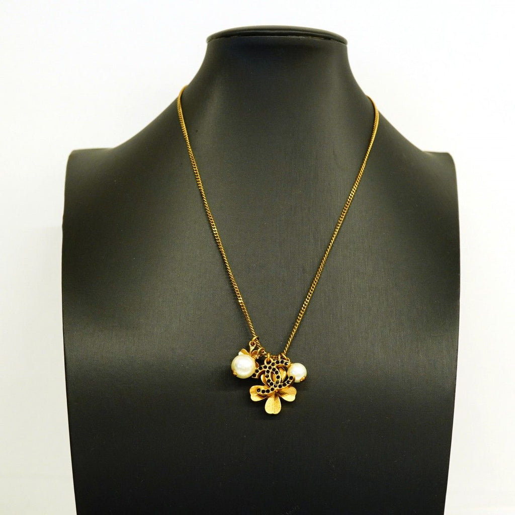 Chanel Necklace CC Logo Clover Gold Plated Faux Pearl Color Stone Black Cles — view 6