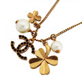 Chanel Necklace CC Logo Clover Gold Plated Faux Pearl Color Stone Black Cles