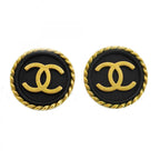 Chanel Earrings Vintage CC Logo Gold Plated Black Cles
