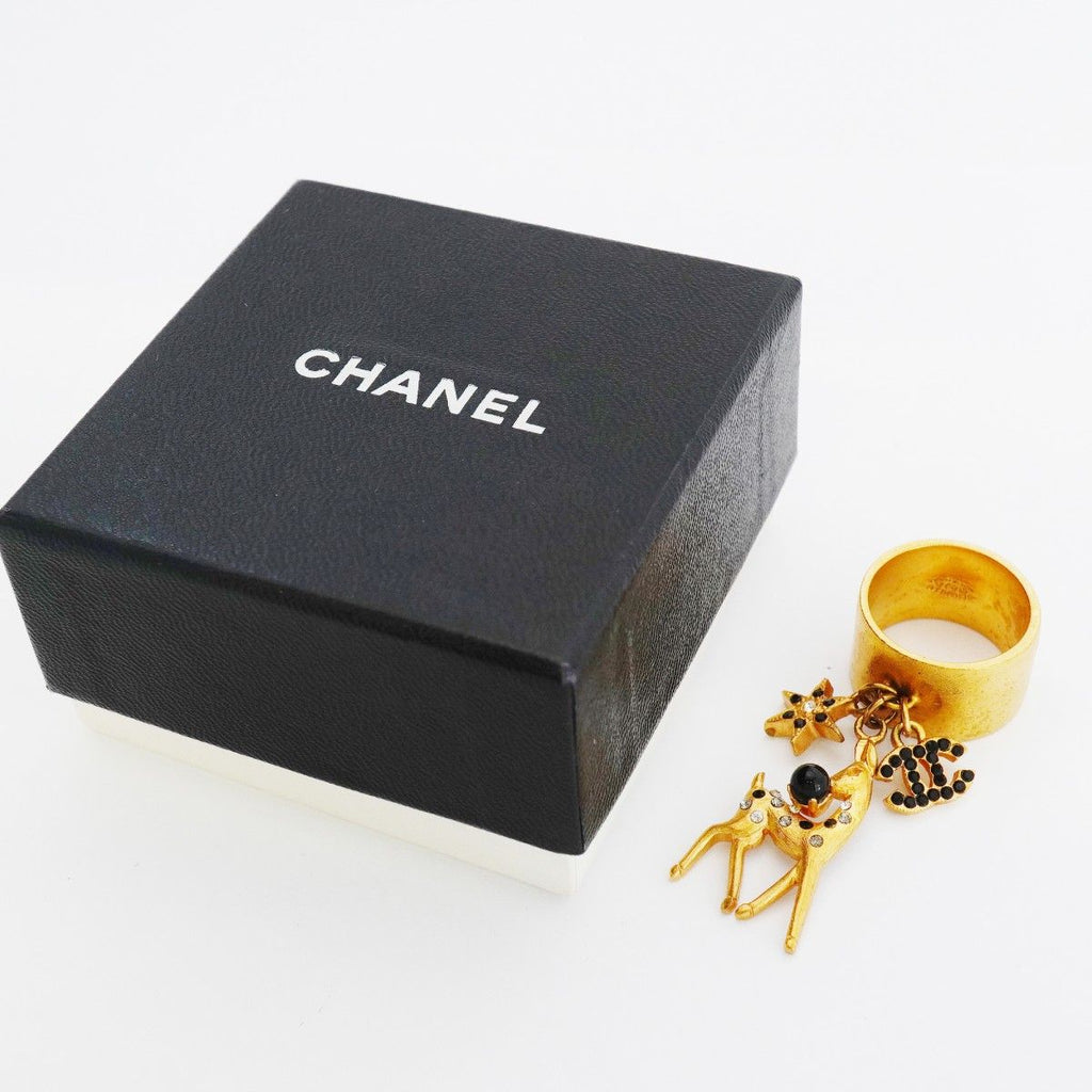Chanel Ring CC Logo Bambi Gold Plated Rhinestone Black — view 7