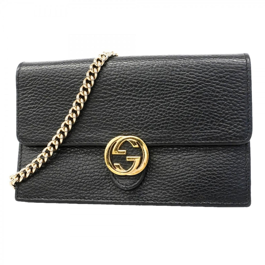 Gucci Shoulder Wallet Interlocking Leather Black Gold