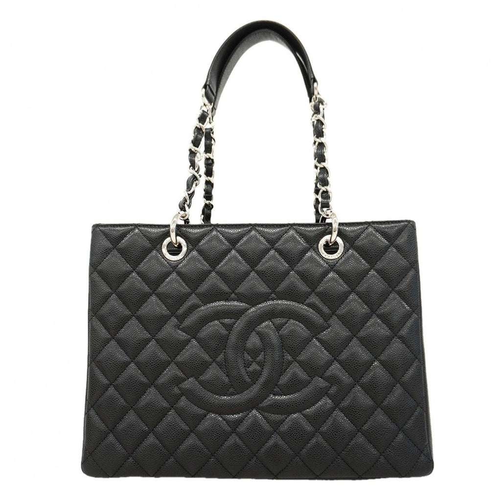 Chanel Chain Tote Quilted Caviar Leather Black Silver