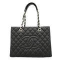 Chanel Chain Tote Quilted Caviar Leather Black Silver