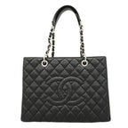 Chanel Chain Tote Quilted Caviar Leather Black Silver