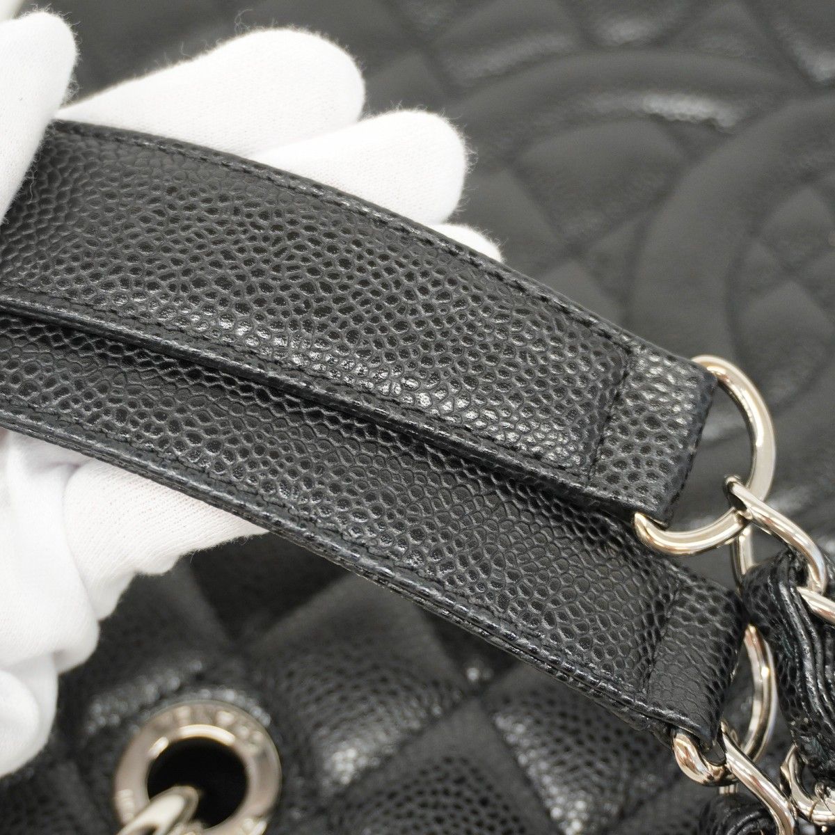 Chanel Chain Tote Quilted Caviar Leather Black Silver — view 8