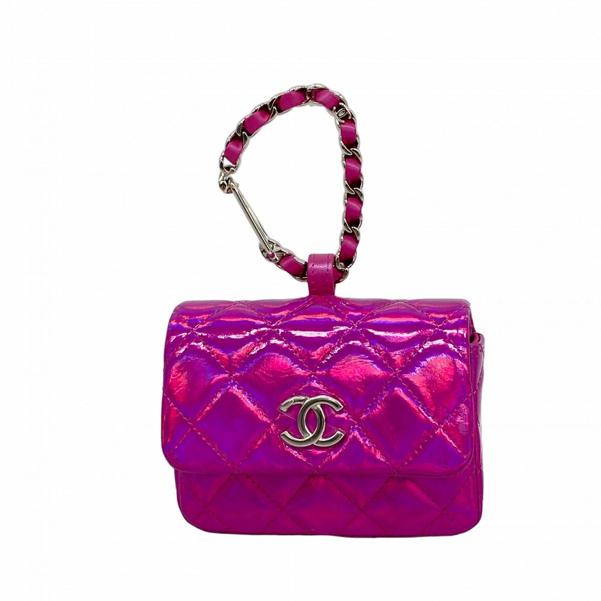 Chanel Pouch Quilted Patent Leather Pink Silver