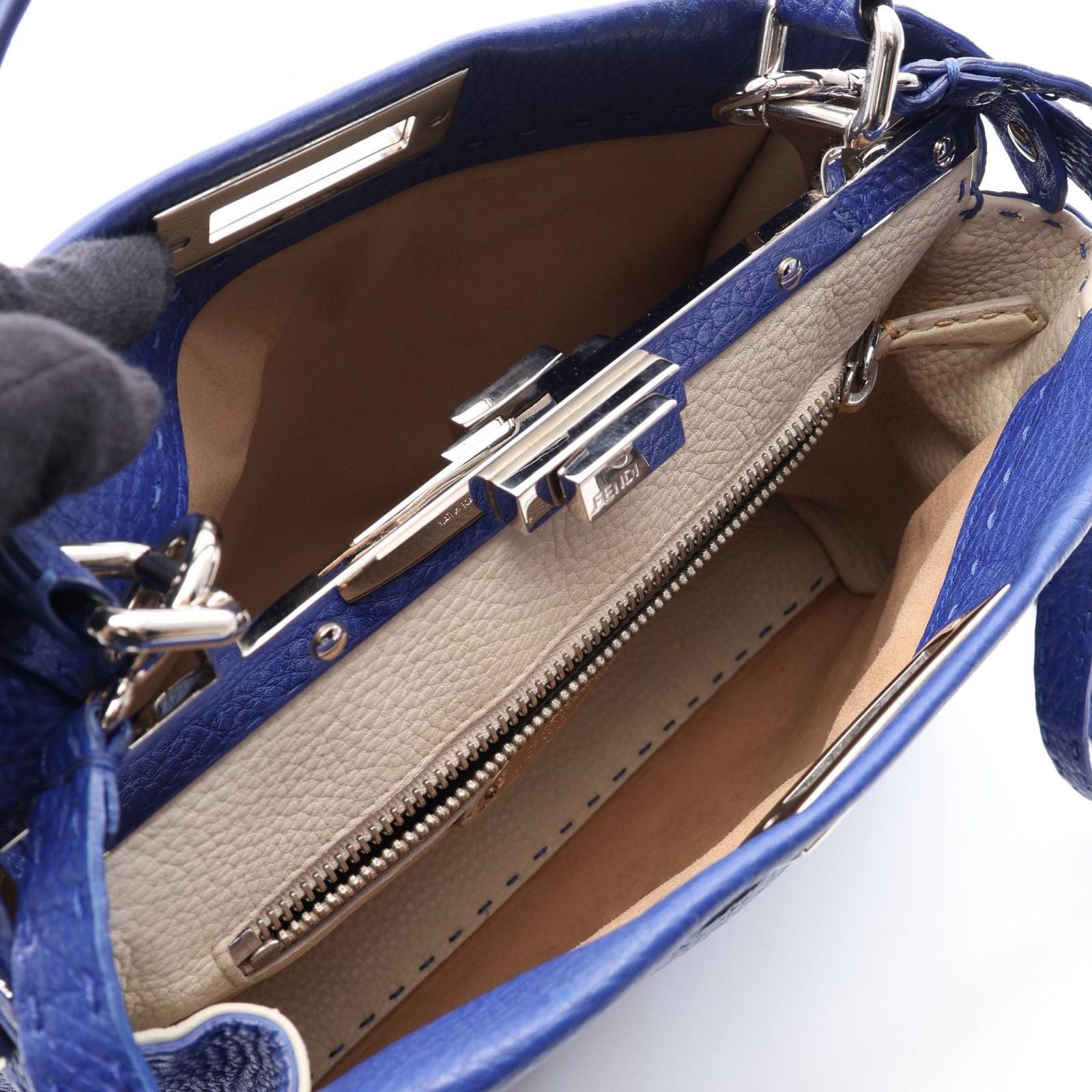 Fendi Handbageria Peekaboo Regular 2-Way Blue Leather Selleria Handbag — view 3