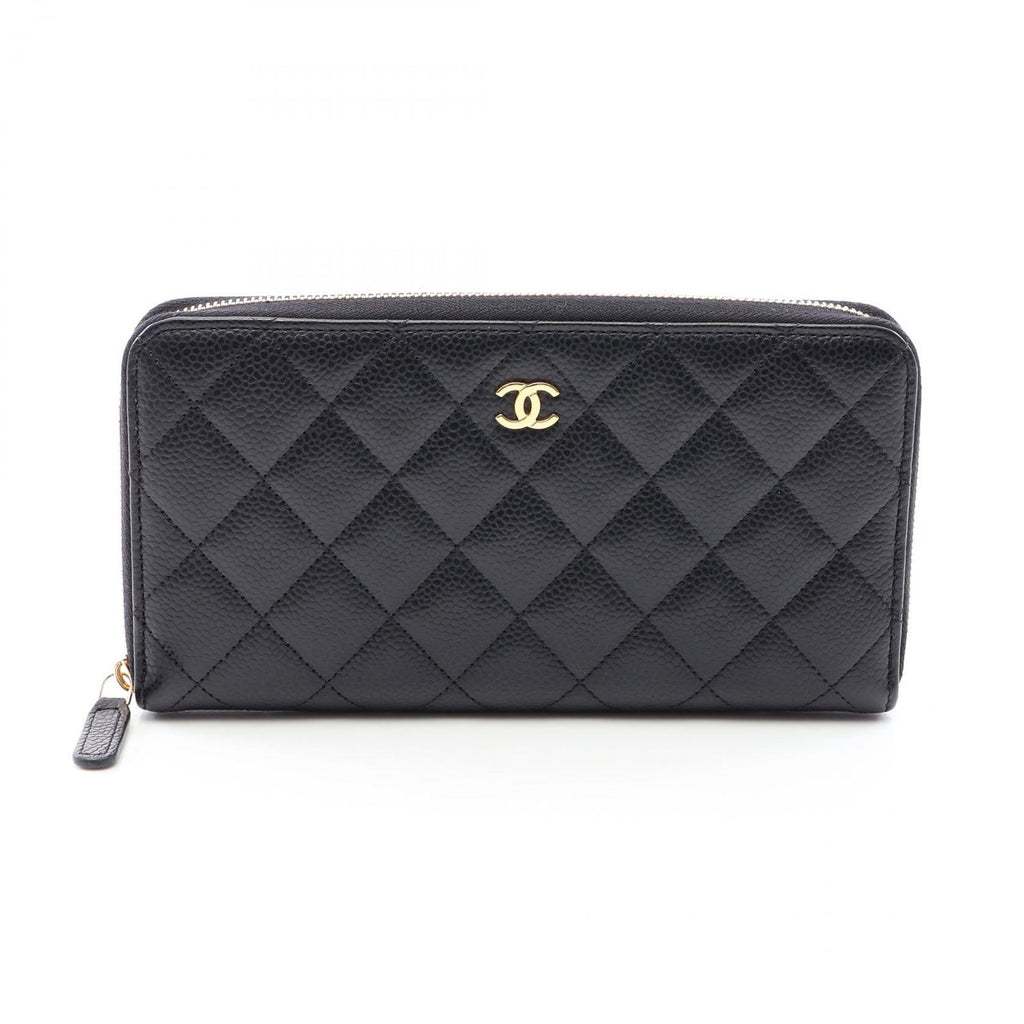 Chanel Round Wallet Classic Long Zip Quilted Black Caviar Leather