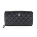 Chanel Round Wallet Classic Long Zip Quilted Black Caviar Leather