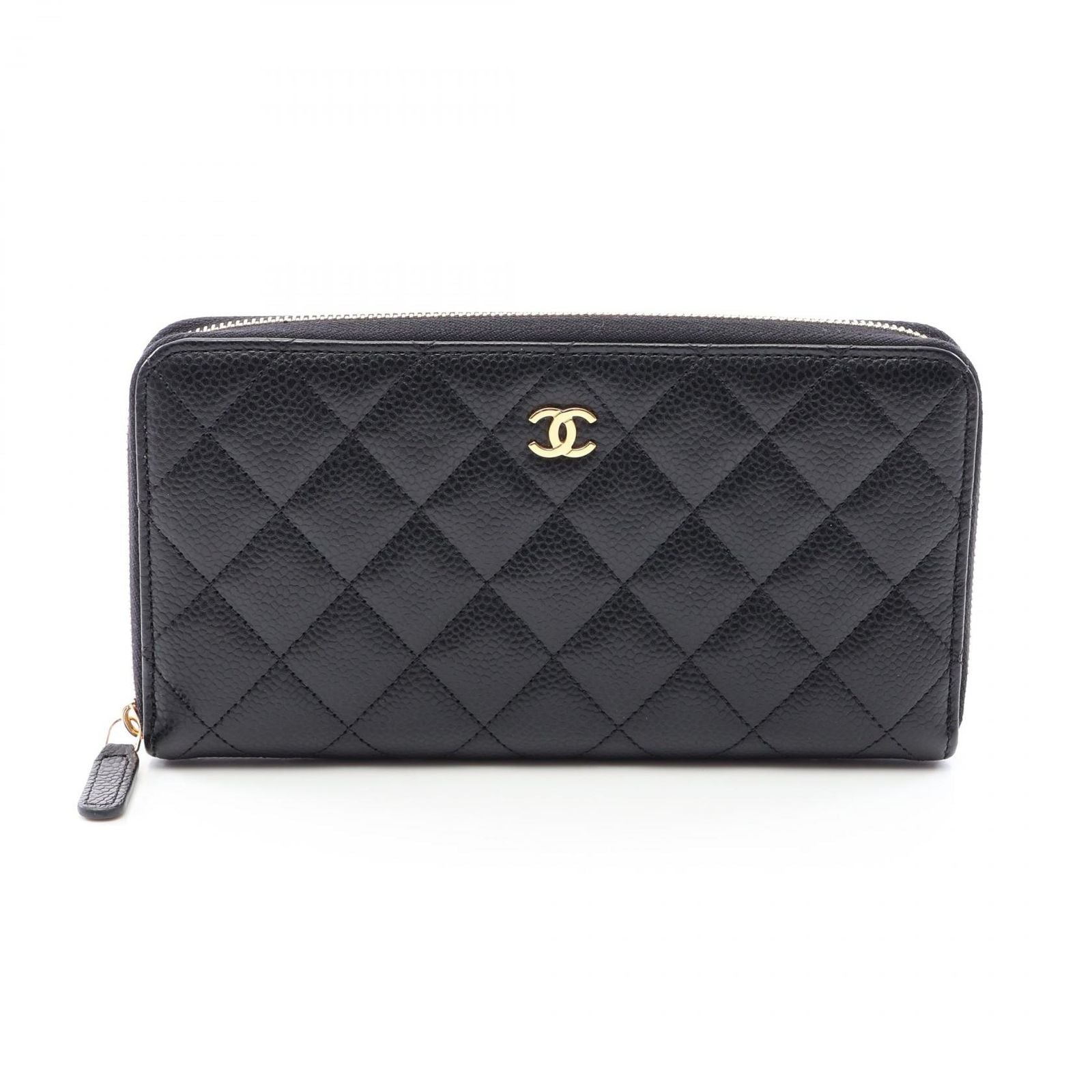 Chanel Round Wallet Classic Long Zip Quilted Black Caviar Leather