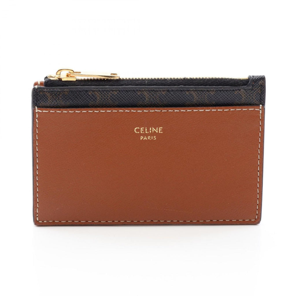 Celine Card Case Triomphe Brown Black Leather Holder with