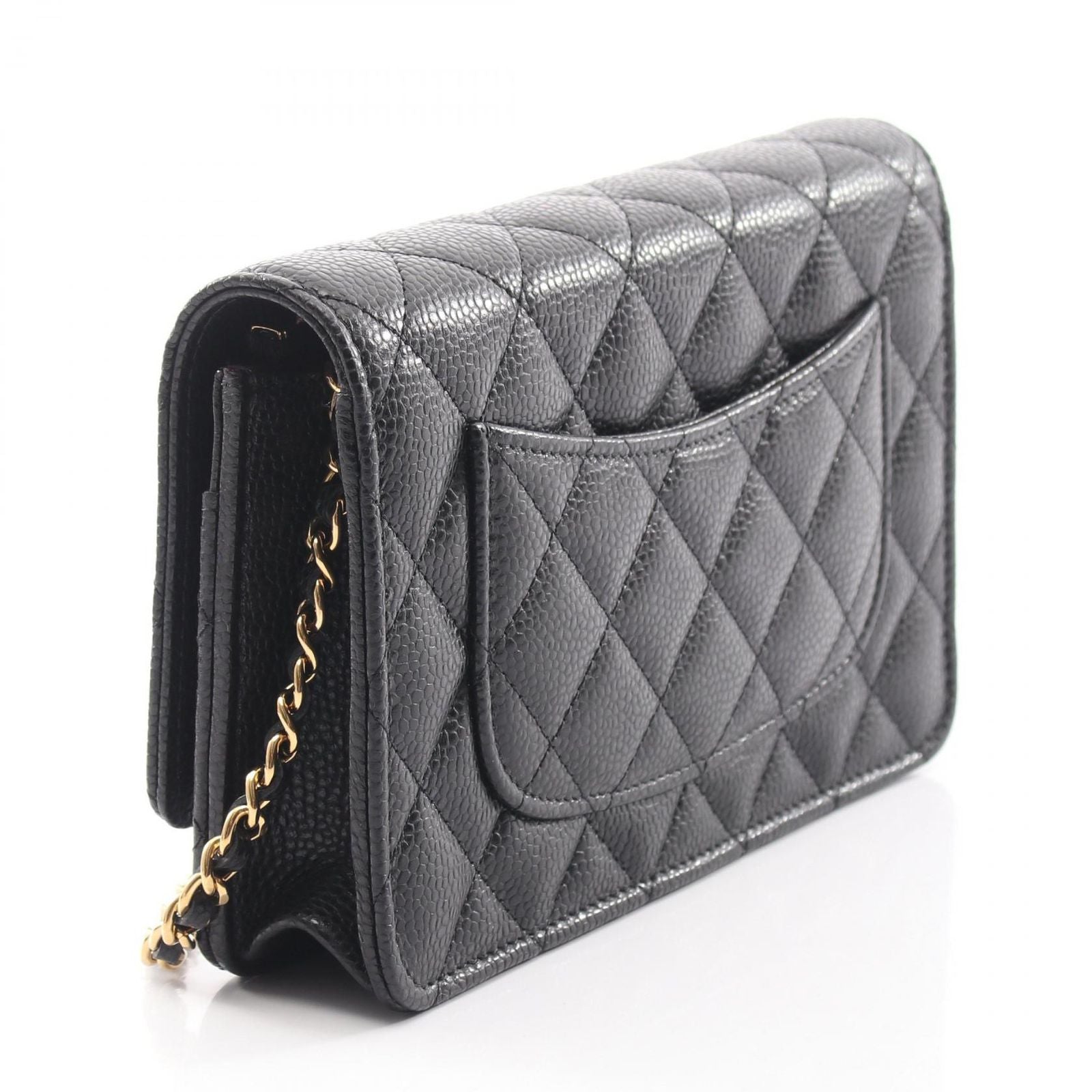 Chanel Shoulder Bag Quilted Black Caviar Leather Chain Wallet — view 2