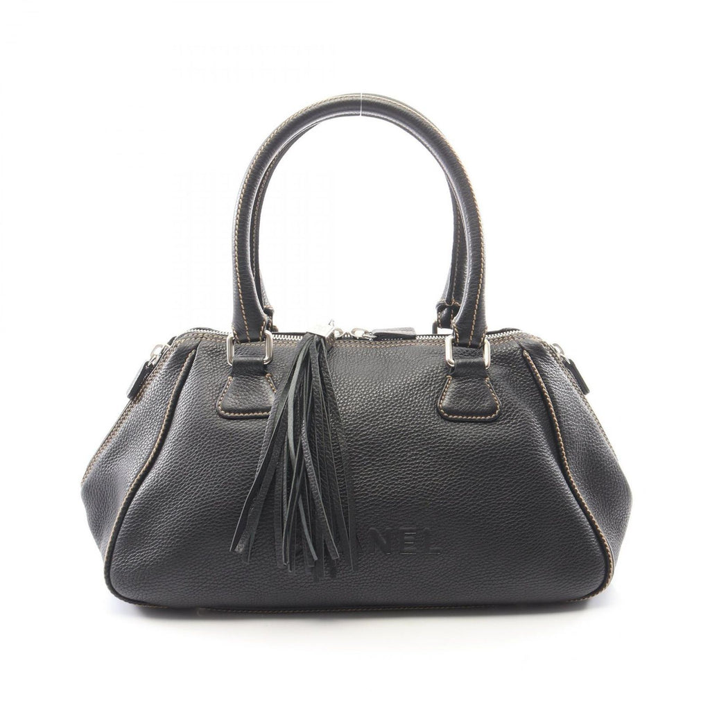 Chanel Tote Logo Fringe Black Leather Handbag