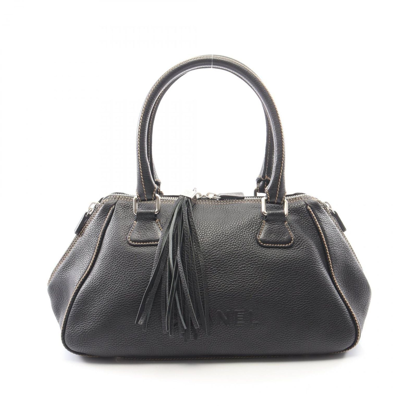 Chanel Tote Logo Fringe Black Leather Handbag