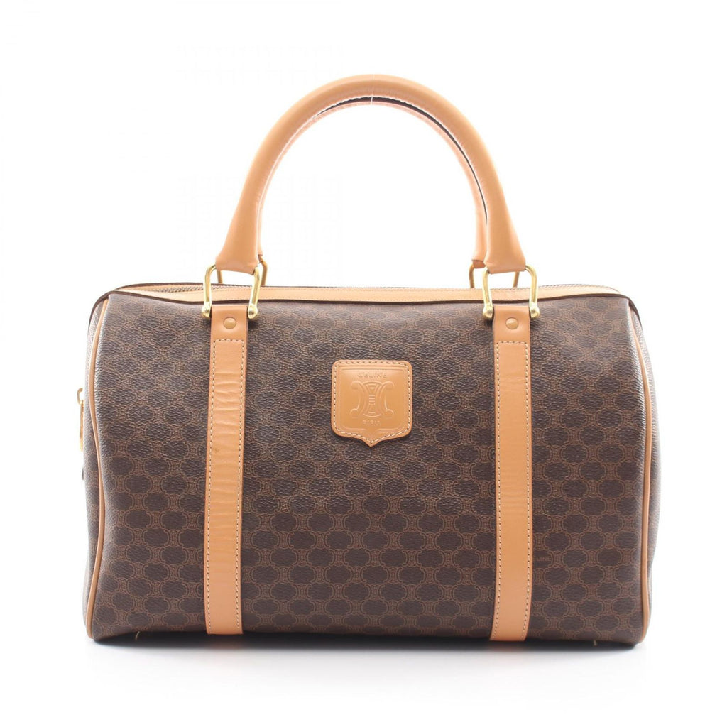 Celine Handbag Macadam Dark Brown Beige Canvas Leather Boston