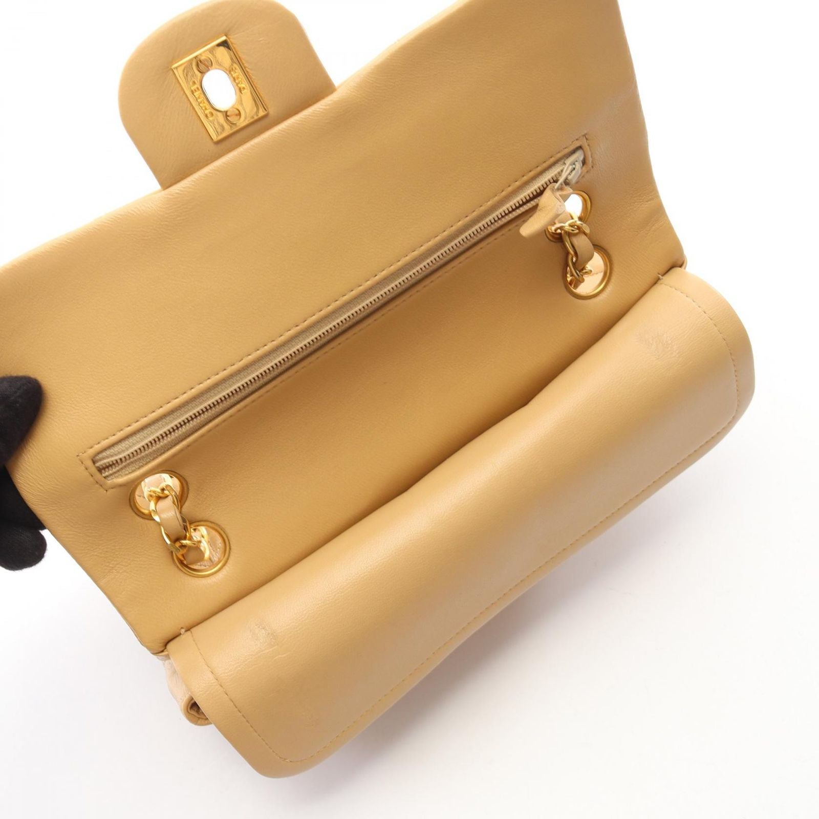 Chanel Shoulder Bag Quilted Double Flap Beige Lambskin Chain — view 7