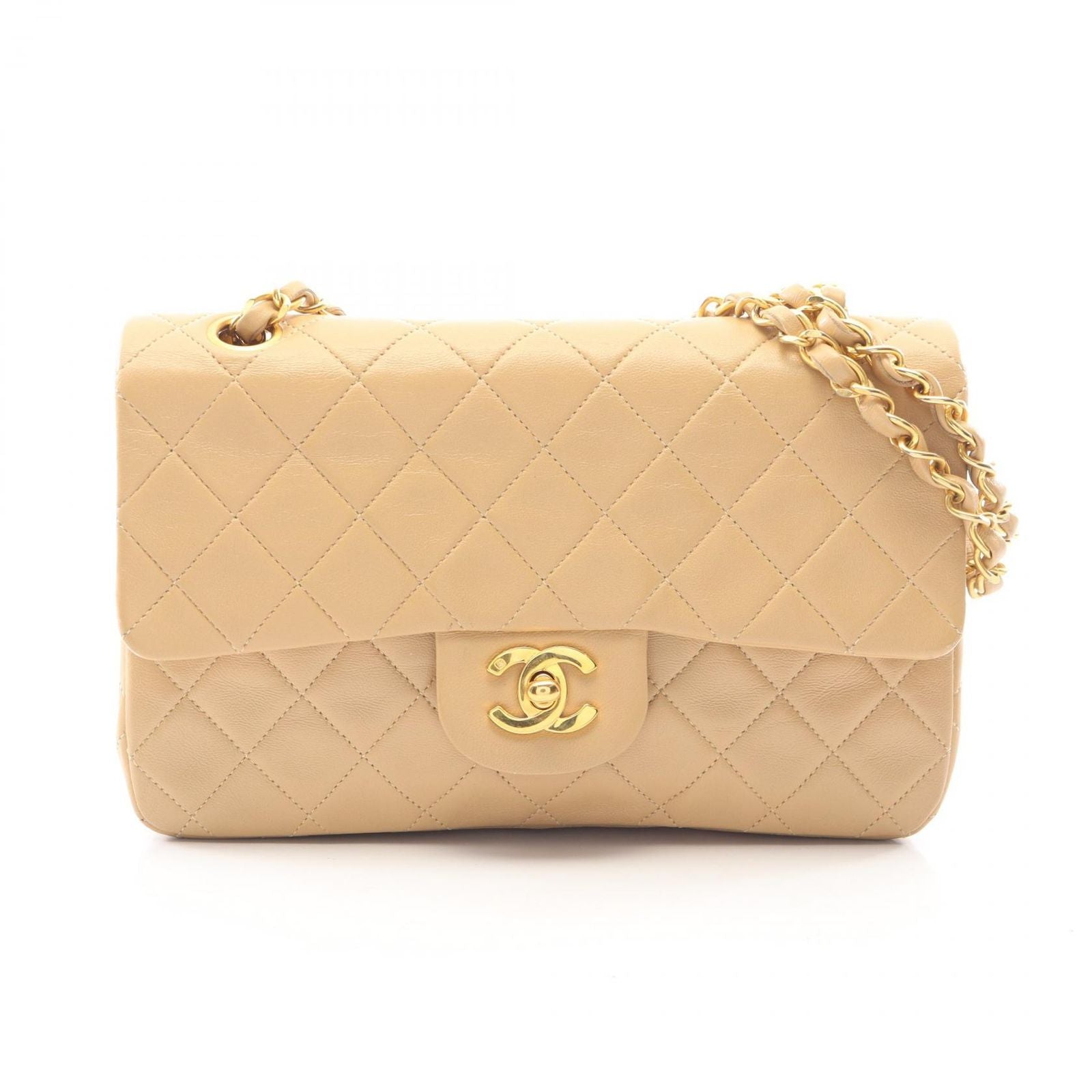 Chanel Shoulder Bag Quilted Double Flap Beige Lambskin Chain