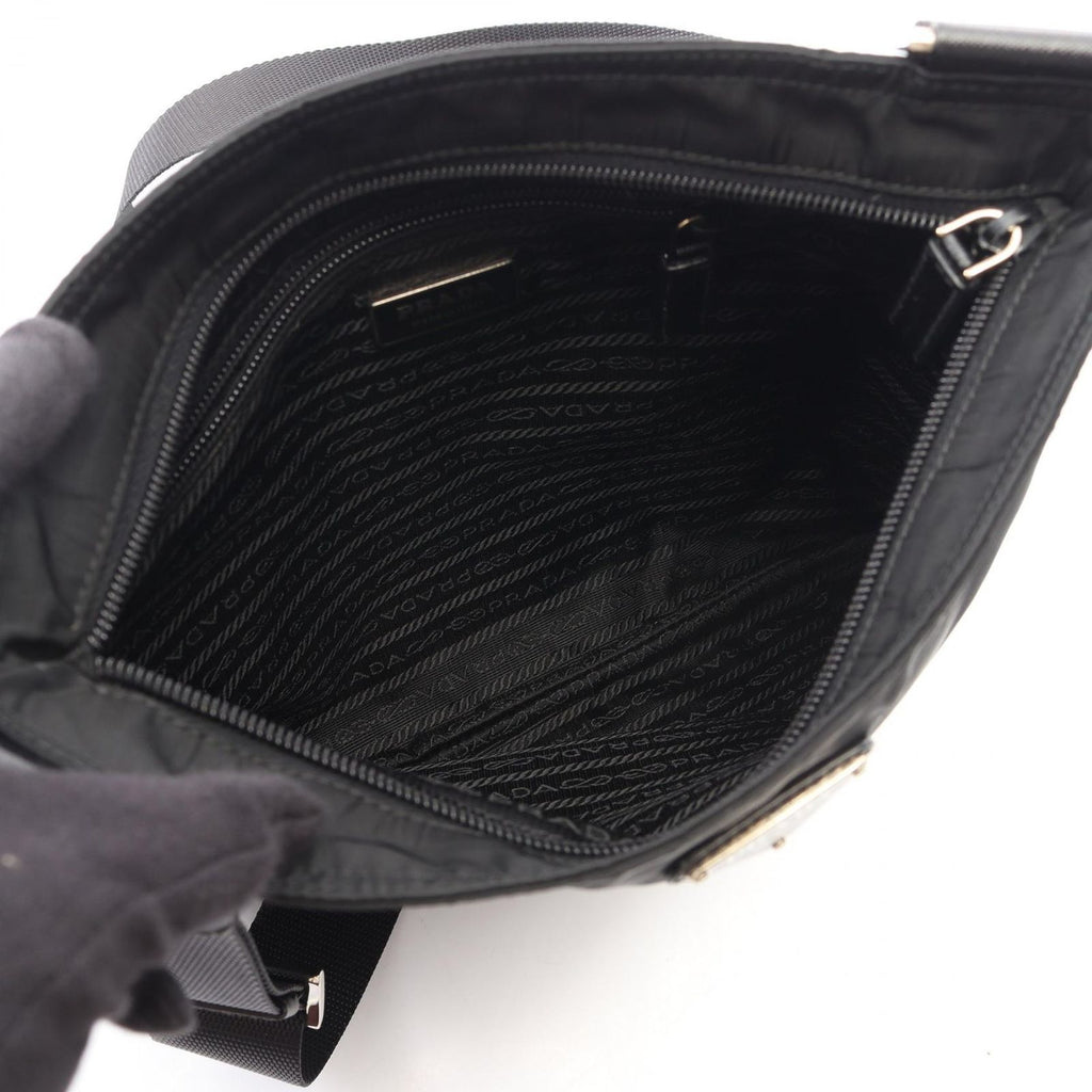 Prada Shoulder Bag Triangle Logo Black Nylon Saffiano Leather — view 3