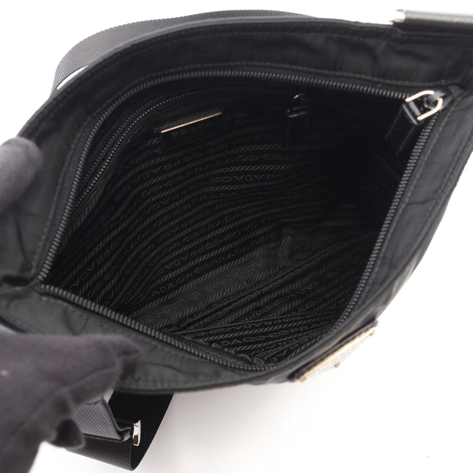 Prada Shoulder Bag Triangle Logo Black Nylon Saffiano Leather — view 3