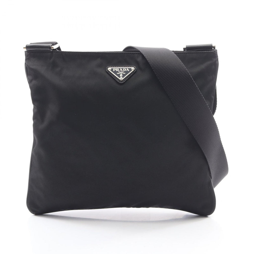 Prada Shoulder Bag Triangle Logo Black Nylon Saffiano Leather