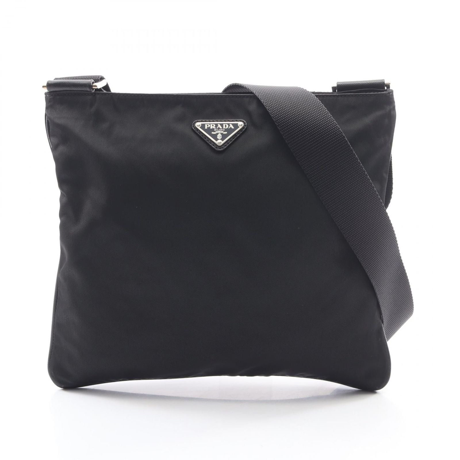 Prada Shoulder Bag Triangle Logo Black Nylon Saffiano Leather